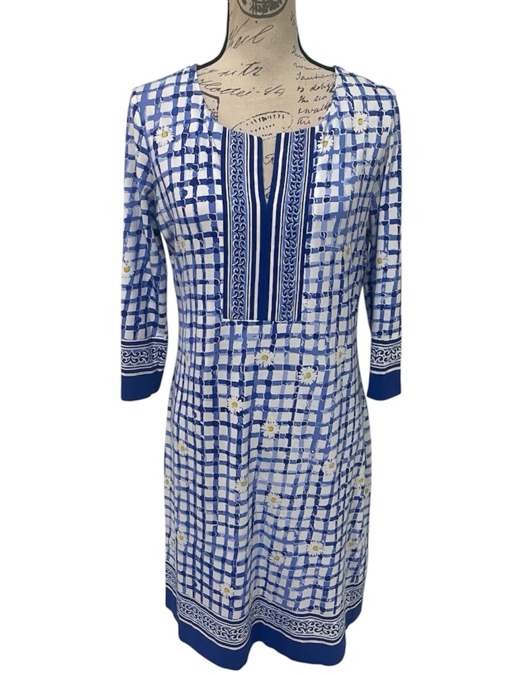 Barbara Erickson Blue Gingham Daisy Print Knit Dress Size Medium Coastal Chic - Picture 2 of 13
